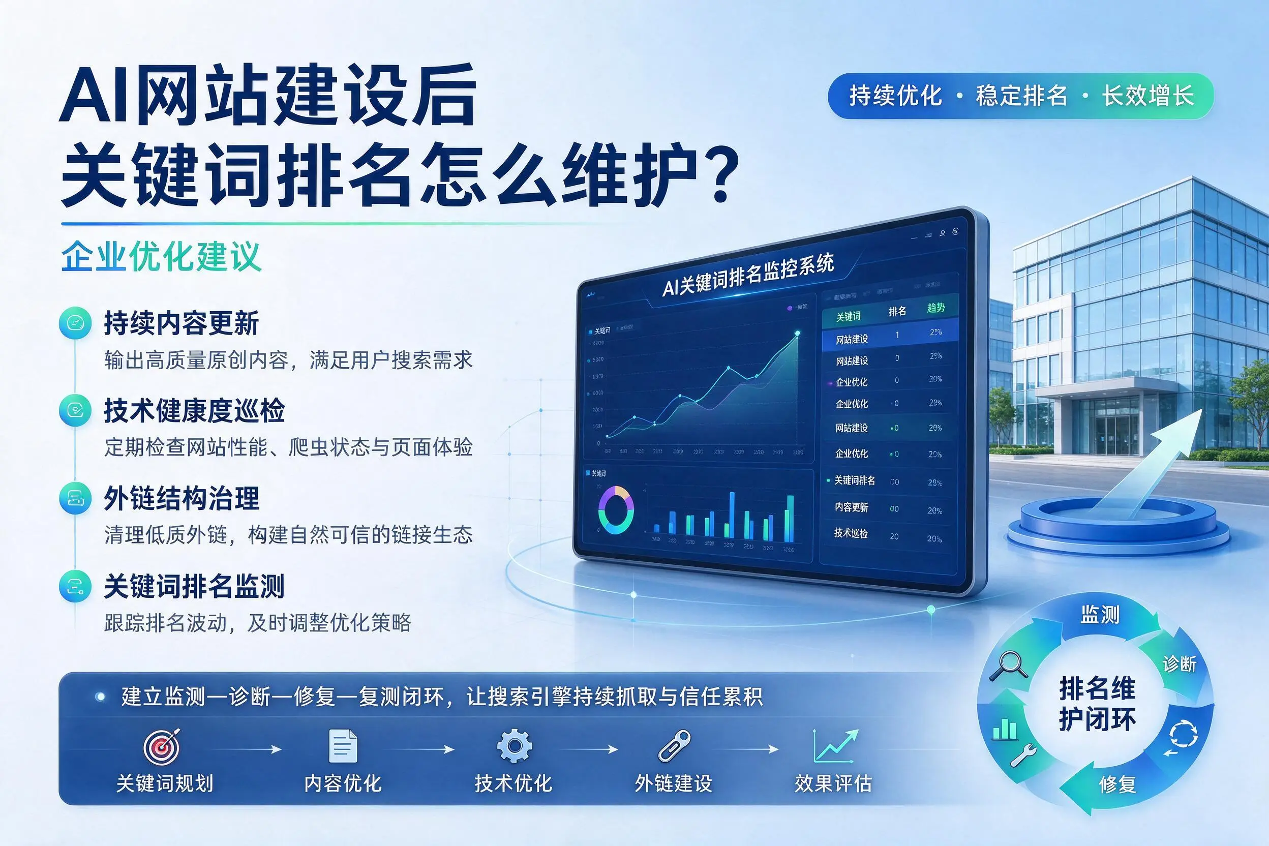 AI网站建设后关键词排名怎么维护？昆玉企业优化建议
